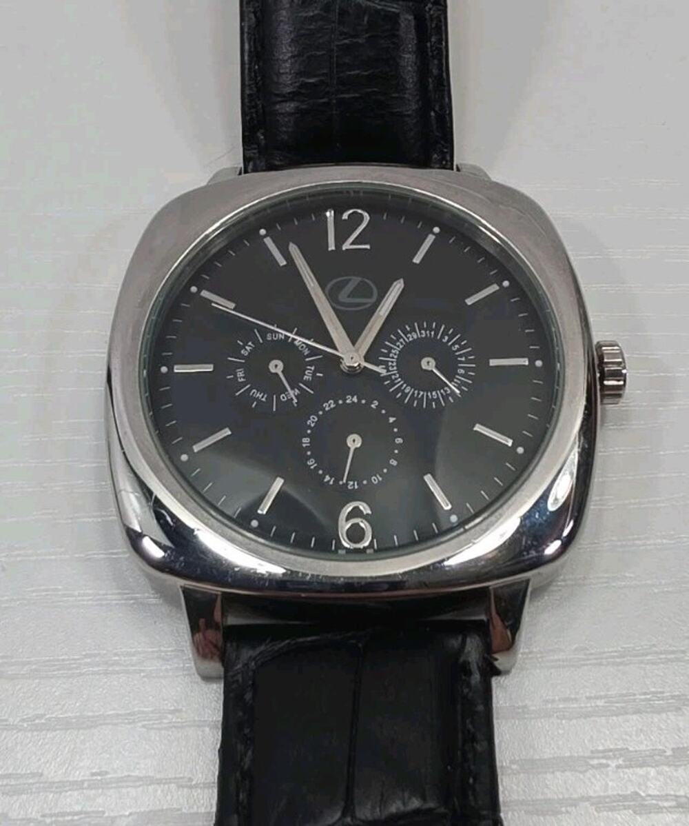 Lexus Logo Dial Chronograph Watch Silver Tone Black Leather Band New Battery 324